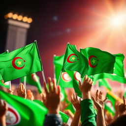 Create an inspiring image that embodies the theme of unity and strength featuring green Arab flags waving proudly together