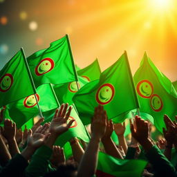 Create an inspiring image that embodies the theme of unity and strength featuring green Arab flags waving proudly together