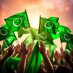 Create an inspiring image that embodies the theme of unity and strength featuring green Arab flags waving proudly together