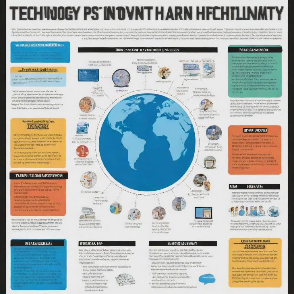 Design an informative poster showcasing how technology impacts different aspects of society, featuring visuals of the community, the workforce, government sectors, educational institutions, and individual learners. The poster should also depict a global perspective on the influence of technology.