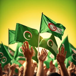 Create an inspiring image that embodies the theme of unity and strength featuring green Arab flags waving proudly together