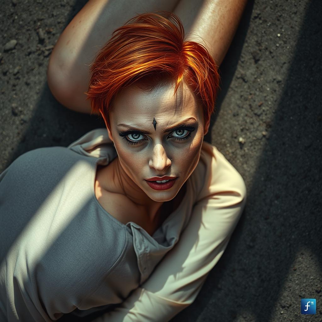 A dramatic scene depicting a woman lying on the ground with a striking appearance, her forehead pierced, embodying a sense of intense emotion and strength