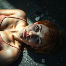 A dramatic scene depicting a woman lying on the ground with a striking appearance, her forehead pierced, embodying a sense of intense emotion and strength