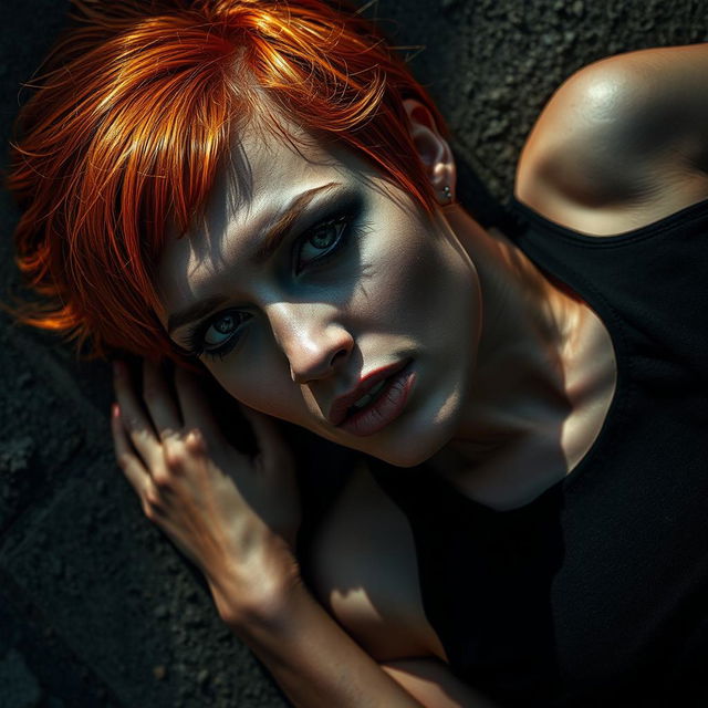 A dramatic scene depicting a woman lying on the ground with a striking appearance, her forehead pierced, embodying a sense of intense emotion and strength