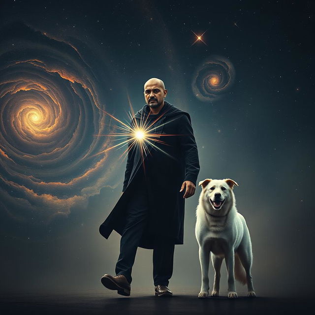 A cinematic film poster featuring a 27-year-old Indian bald man wearing a black shrug, radiating magical powers as he walks confidently in the vast expanse of space