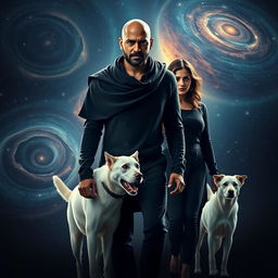 A cinematic film poster featuring a 27-year-old Indian bald man wearing a black shrug, radiating magical powers as he walks confidently in the vast expanse of space