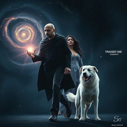 A cinematic film poster featuring a 27-year-old Indian bald man wearing a black shrug, radiating magical powers as he walks confidently in the vast expanse of space