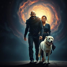 A cinematic film poster featuring a 27-year-old Indian bald man wearing a black shrug, radiating magical powers as he walks confidently in the vast expanse of space