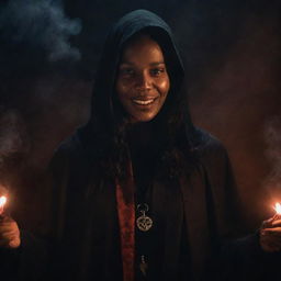 Tituba, a character from Salem witch trials, portrayed as the epitome of evil, wearing a dark robe, her face shadowed with a malicious smile, eyes glowing red, in a midnight setting surrounded by mysterious symbols and smoke.