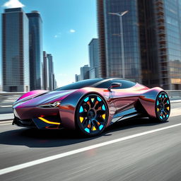 A futuristic car design that defies traditional physics, featuring sleek lines and an aerodynamic shape, showcasing a metallic finish that reflects vibrant colors under a bright blue sky