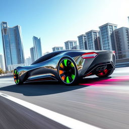 A futuristic car design that defies traditional physics, featuring sleek lines and an aerodynamic shape, showcasing a metallic finish that reflects vibrant colors under a bright blue sky