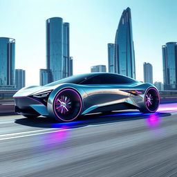 A futuristic car design that defies traditional physics, featuring sleek lines and an aerodynamic shape, showcasing a metallic finish that reflects vibrant colors under a bright blue sky