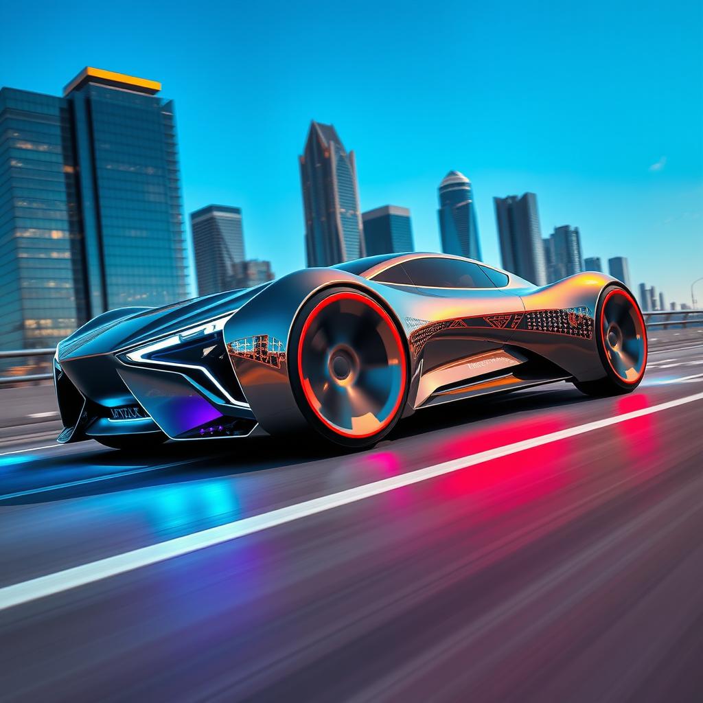 A futuristic car design that defies traditional physics, featuring sleek lines and an aerodynamic shape, showcasing a metallic finish that reflects vibrant colors under a bright blue sky