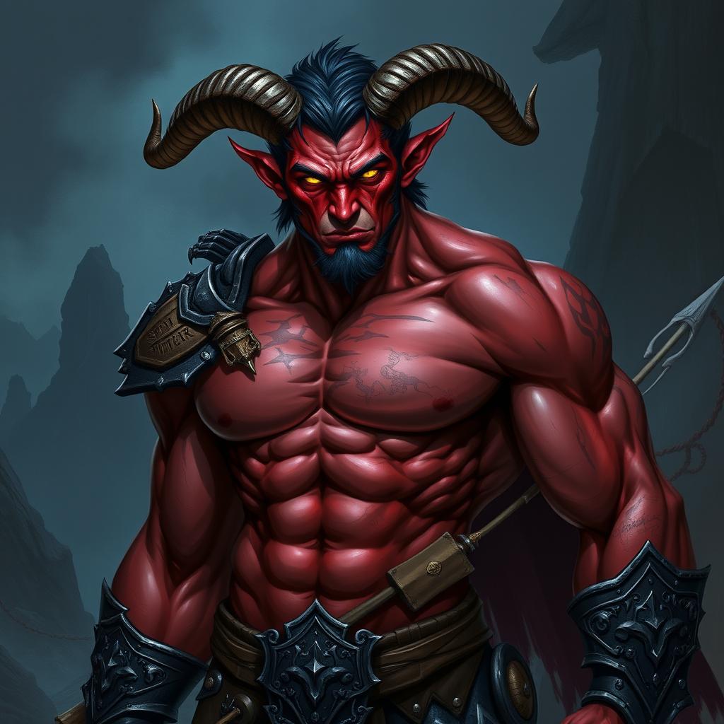 A very muscular male Tiefling with a striking appearance, featuring prominent horns and a well-defined physique