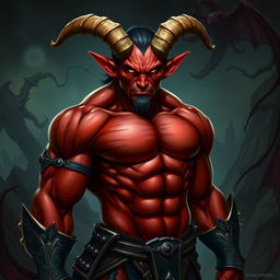 A very muscular male Tiefling with a striking appearance, featuring prominent horns and a well-defined physique