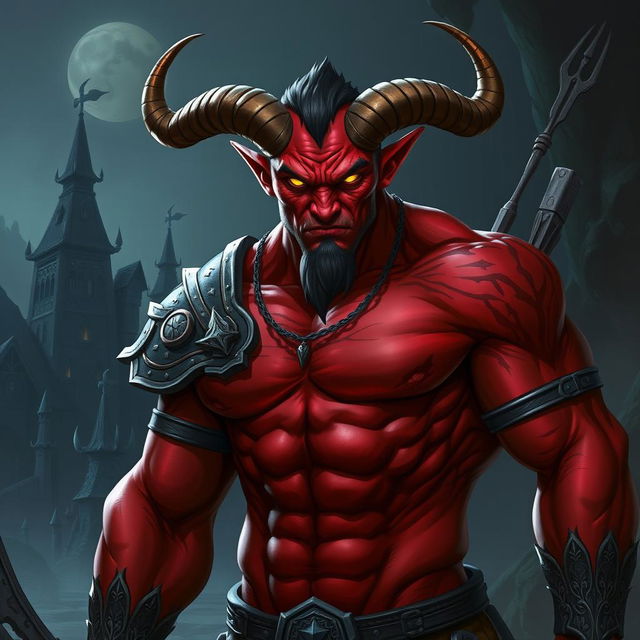 A very muscular male Tiefling with a striking appearance, featuring prominent horns and a well-defined physique