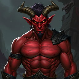 A very muscular male Tiefling with a striking appearance, featuring prominent horns and a well-defined physique