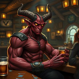 A very muscular male Tiefling with a striking appearance, featuring prominent horns and a well-defined physique, sitting at a rustic bar