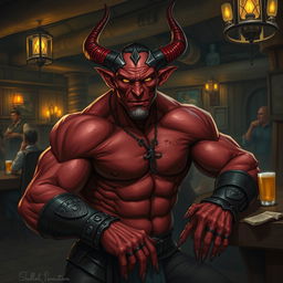 A very muscular male Tiefling with a striking appearance, featuring prominent horns and a well-defined physique, sitting at a rustic bar