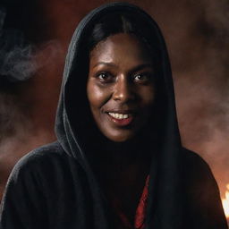 Tituba, a character from Salem witch trials, portrayed as the epitome of evil, wearing a dark robe, her face shadowed with a malicious smile, eyes glowing red, in a midnight setting surrounded by mysterious symbols and smoke.