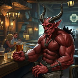 A very muscular male Tiefling with a striking appearance, featuring prominent horns and a well-defined physique, sitting at a rustic bar