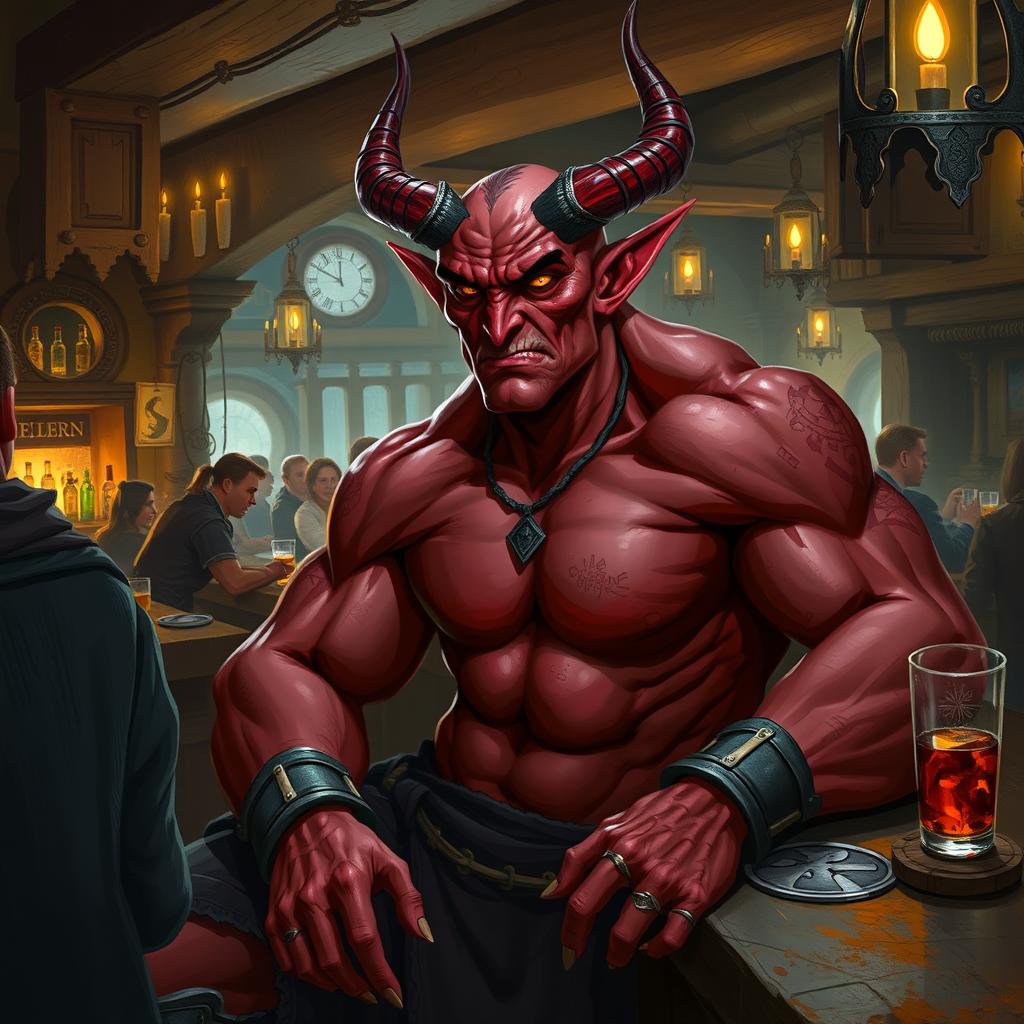 A very muscular male Tiefling with a striking appearance, featuring prominent horns and a well-defined physique, sitting at a rustic bar