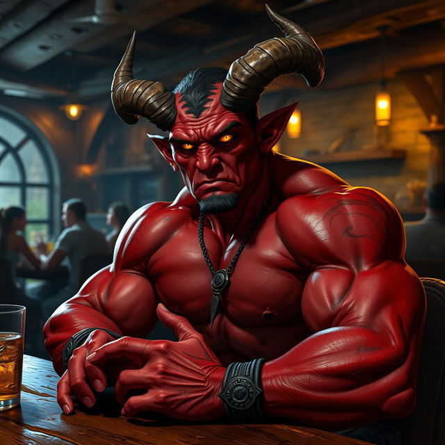 A very muscular male Tiefling with a striking appearance, featuring prominent horns and a well-defined physique, seated at a rustic bar