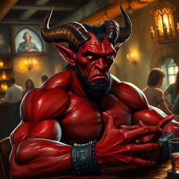 A very muscular male Tiefling with a striking appearance, featuring prominent horns and a well-defined physique, seated at a rustic bar