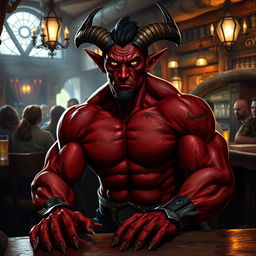 A very muscular male Tiefling with a striking appearance, featuring prominent horns and a well-defined physique, seated at a rustic bar