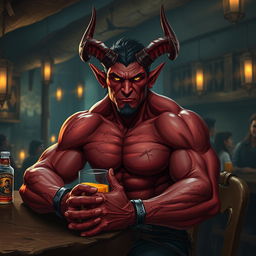 A very muscular male Tiefling with a striking appearance, featuring prominent horns and a well-defined physique, seated at a rustic bar