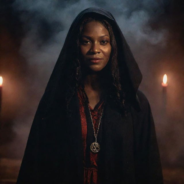 Tituba, a character from Salem witch trials, portrayed as the epitome of evil, wearing a dark robe, her face shadowed with a malicious smile, eyes glowing red, in a midnight setting surrounded by mysterious symbols and smoke.