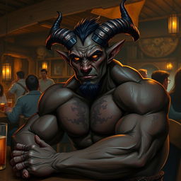 A very muscular male Tiefling with dark skin, featuring striking prominent horns and a well-defined physique, seated at a rustic bar