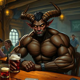 A very muscular male Tiefling with dark skin, featuring striking prominent horns and a well-defined physique, seated at a rustic bar