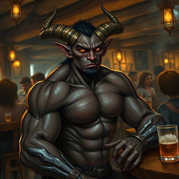 A very muscular male Tiefling with dark skin, featuring striking prominent horns and a well-defined physique, seated at a rustic bar