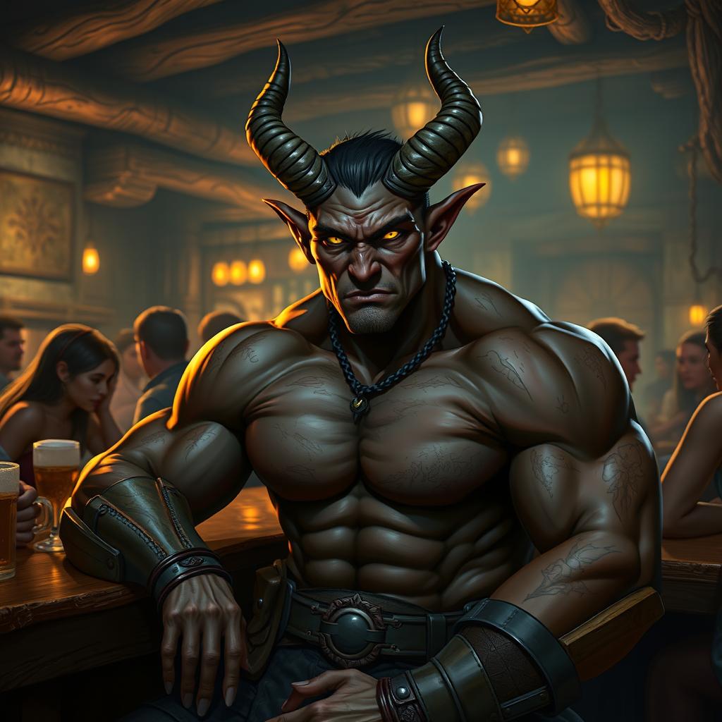 A very muscular male Tiefling with dark skin, featuring striking prominent horns and a well-defined physique, seated at a rustic bar