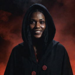 Tituba, a character from Salem witch trials, portrayed as the epitome of evil, wearing a dark robe, her face shadowed with a malicious smile, eyes glowing red, in a midnight setting surrounded by mysterious symbols and smoke.