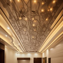 A lavish false ceiling design suitable for a 4BHK house, featuring elegant patterns, soft illumination, and affluence in detail