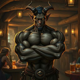 A very muscular male Tiefling with dark skin, standing in a rustic bar with his arms crossed confidently