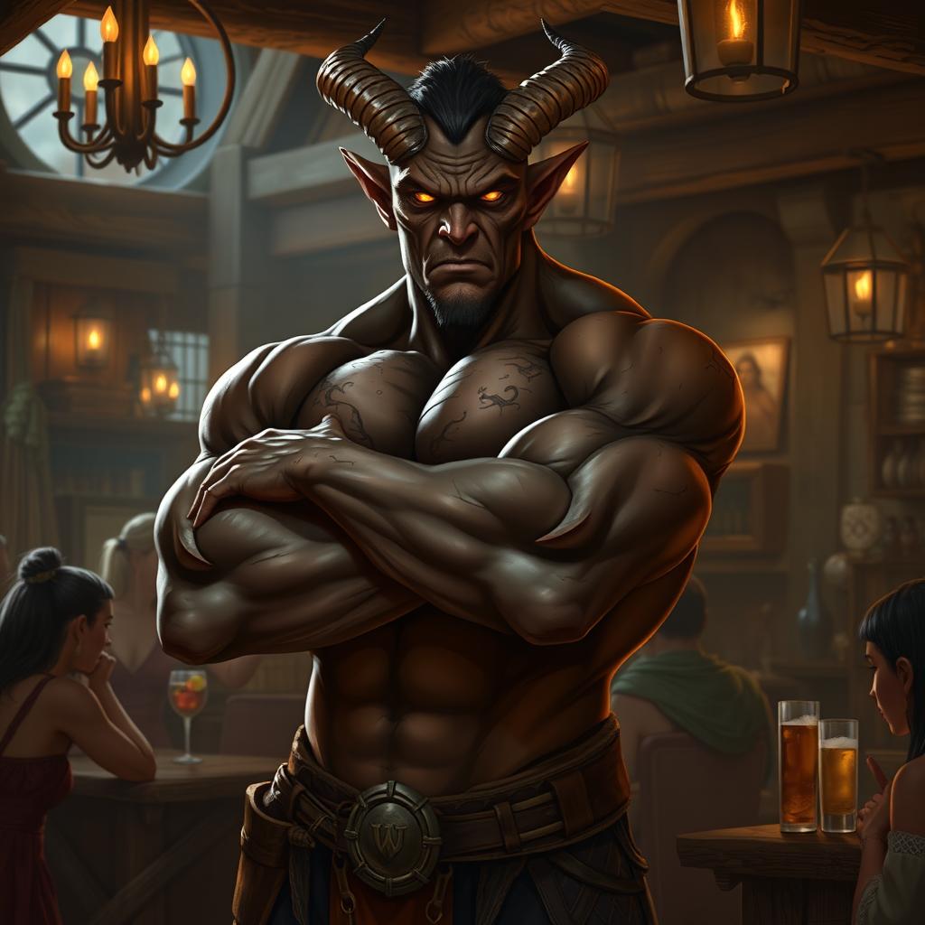 A very muscular male Tiefling with dark skin, standing in a rustic bar with his arms crossed confidently