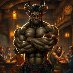 A very muscular male Tiefling with dark skin, standing in a rustic bar with his arms crossed confidently