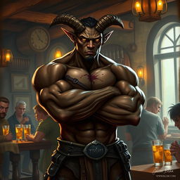 A very muscular male Tiefling with dark skin, standing in a rustic bar with his arms crossed confidently