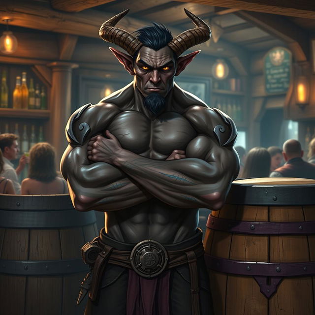 A very muscular male Tiefling with dark skin, standing confidently with his arms crossed next to a rustic wooden barrel in a vibrant bar setting