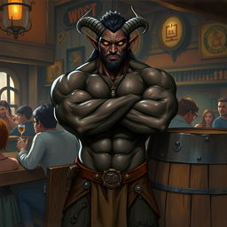 A very muscular male Tiefling with dark skin, standing confidently with his arms crossed next to a rustic wooden barrel in a vibrant bar setting