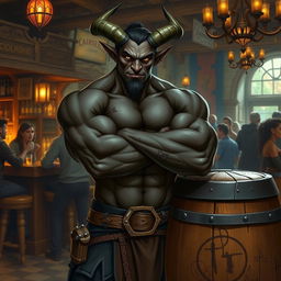 A very muscular male Tiefling with dark skin, standing confidently with his arms crossed next to a rustic wooden barrel in a vibrant bar setting