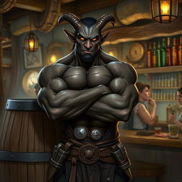 A very muscular male Tiefling with dark skin, standing confidently with his arms crossed next to a rustic wooden barrel in a vibrant bar setting