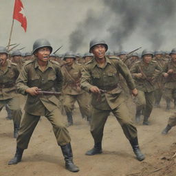 A historical depiction of the Indonesian army bravely resisting against the Japanese army during WWII. Both sides are in period-appropriate uniforms, with subdued yet tense expressions as the standoff unfolds.