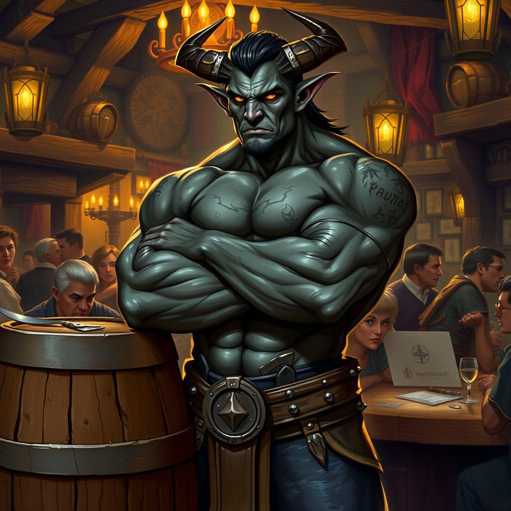 A very muscular male Tiefling with dark skin, standing confidently with his arms crossed next to a smaller rustic barrel in a lively bar setting