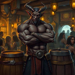 A very muscular male Tiefling with dark skin, standing confidently with his arms crossed next to a smaller rustic barrel in a lively bar setting