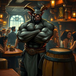 A very muscular male Tiefling with dark skin, standing confidently with his arms crossed next to a smaller rustic barrel in a lively bar setting