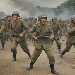 A historical depiction of the Indonesian army bravely resisting against the Japanese army during WWII. Both sides are in period-appropriate uniforms, with subdued yet tense expressions as the standoff unfolds.